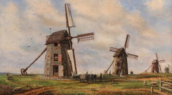 Painting of three windmills.