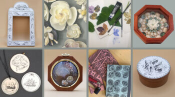 A collection of crafts including sailors valentines,, scrimshaw, and penwork.