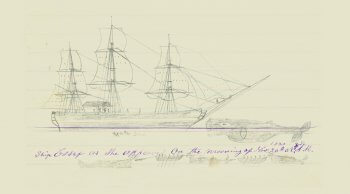 Sketch of the Whaleship Essex and a sperm whale.