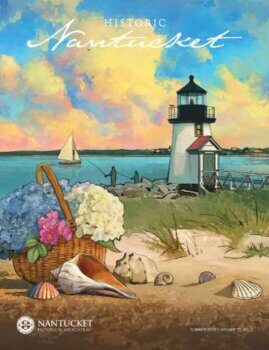 Painted scene of Brant Point Lighthouse, Cover of Historic Nantucket