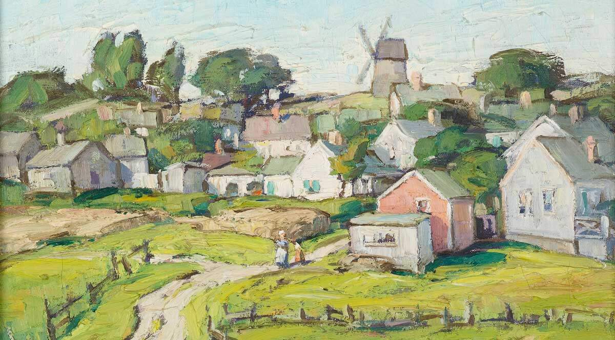 Painting of Nantucket town with a windmill on the hill.